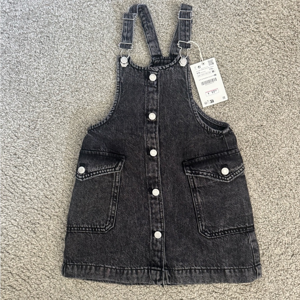 Zara Black Washed Denim Overall Dress